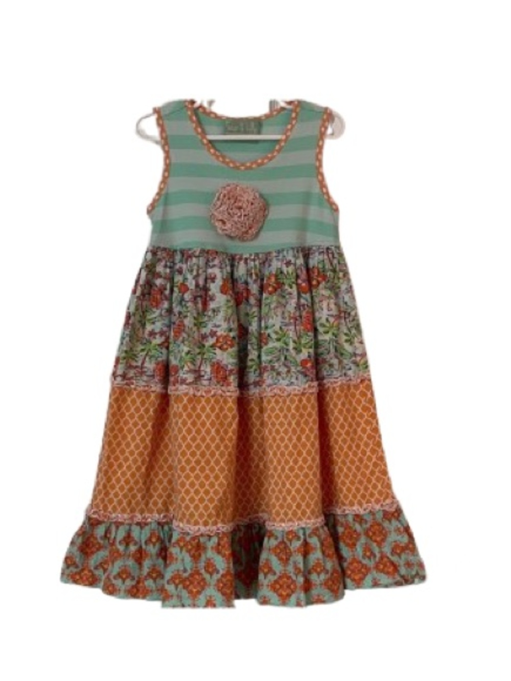 Sage & Lilly Girls Tiered Boutique Dress Mint Strips and Floral Patchwork Size 6